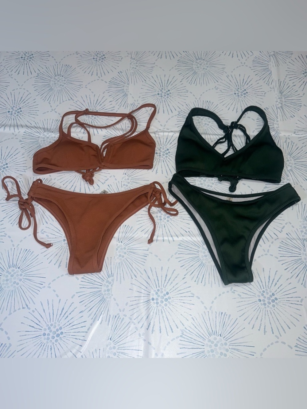 Zaful Brown & Dark Green Ribbed Tie-Side Bikini Sets size S